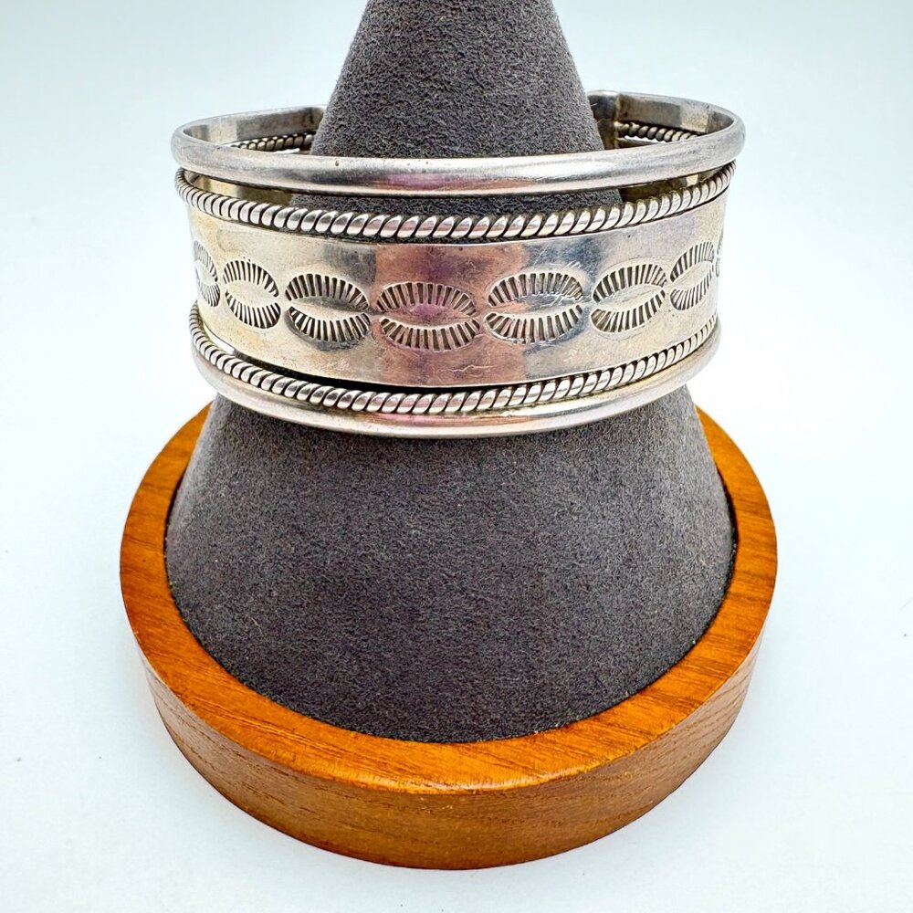 VTG Solid Sterling Silver 925 Etched Textured Open Cuff Bracelet Size 7.5" Fit